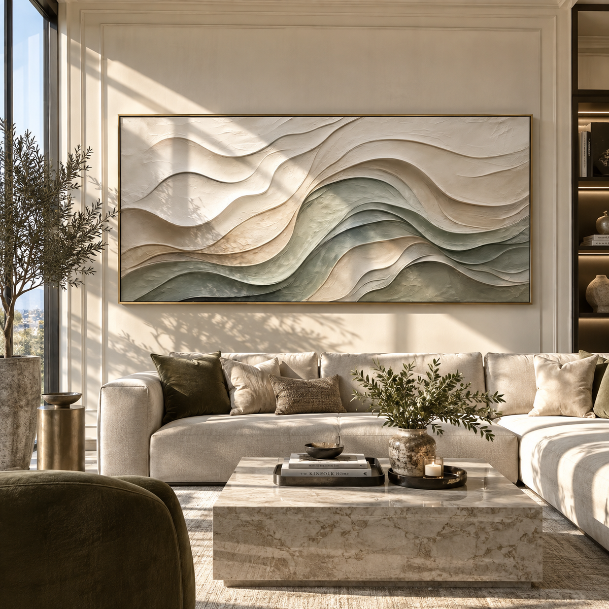 Stone Waves Remember artwork shown with modern interior materials