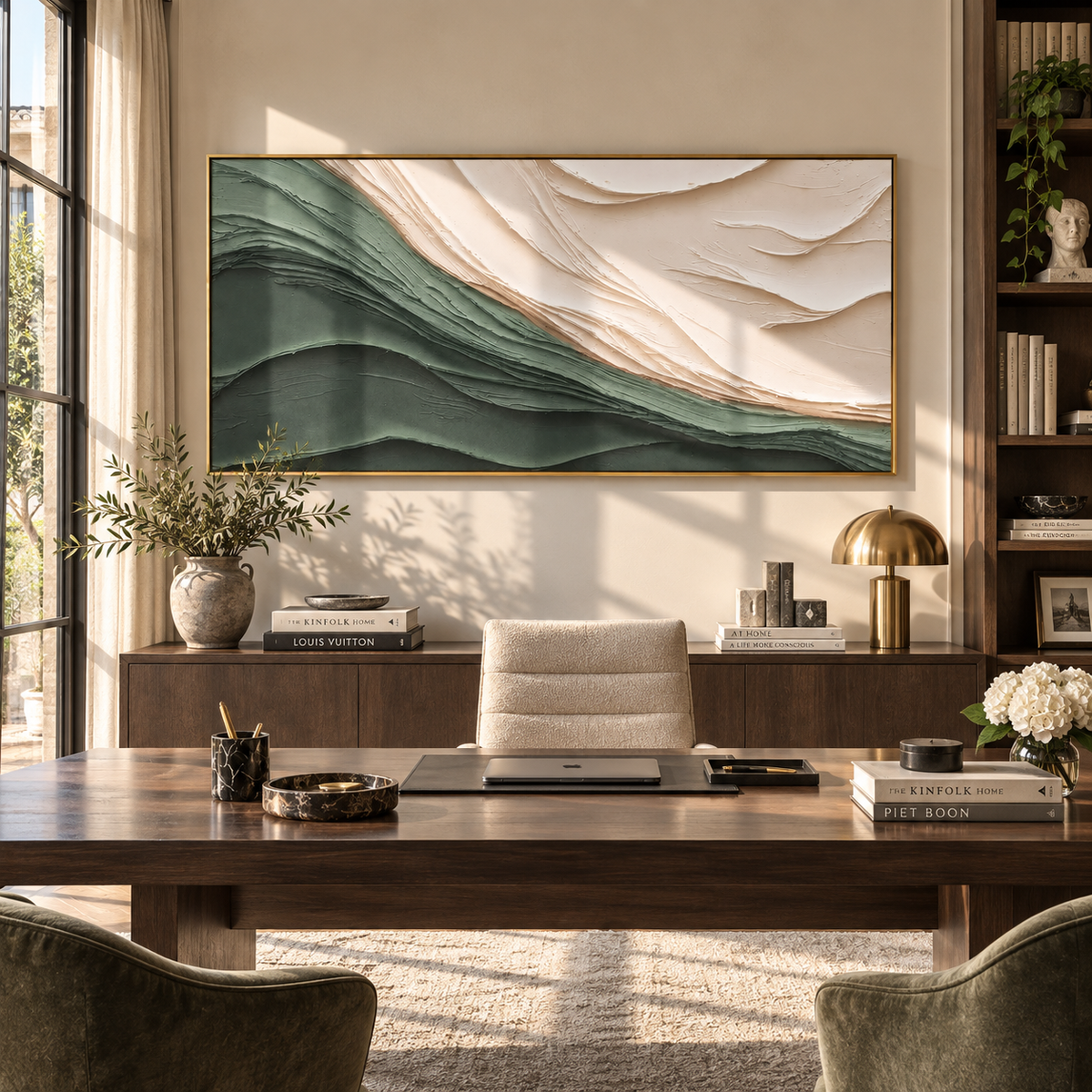 Green Slope Meets Ivory textured wall art shown in a contemporary room setting