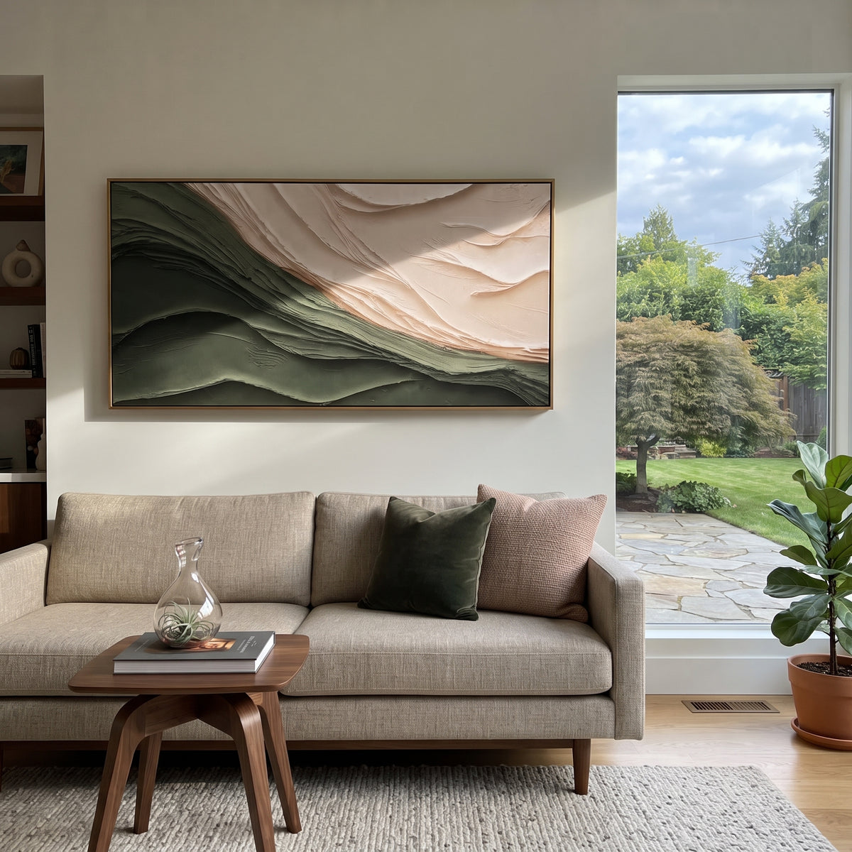Green Slope Meets Ivory horizontal painting displayed as a room focal point