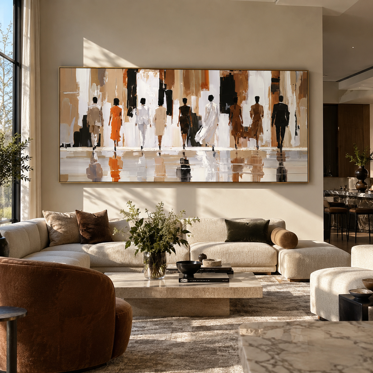 Figures in Passing Light neutral crowd reflection painting displayed in a styled interior