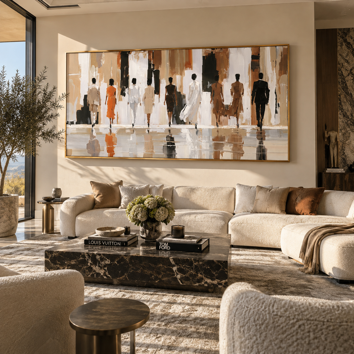 Figures in Passing Light artwork shown with modern interior materials