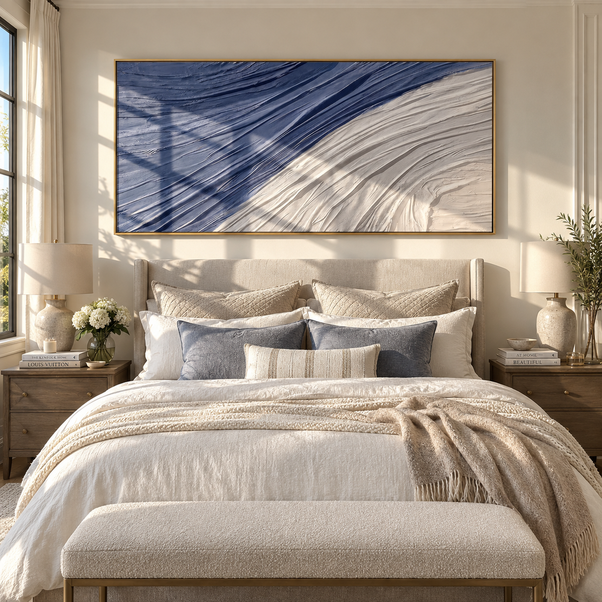 Blue Ridges Sweep East blue white diagonal relief painting displayed in a styled interior