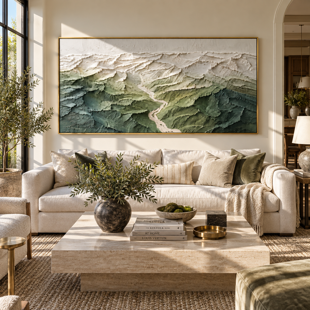 Valley Carved in Green green white topographic landscape painting displayed in a styled interior