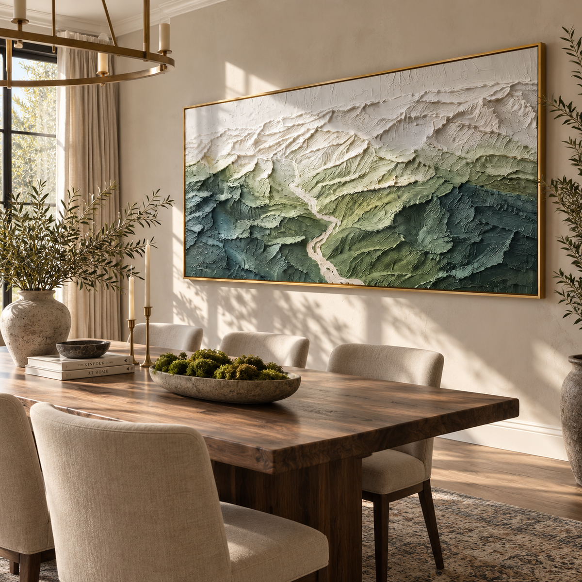 Valley Carved in Green artwork shown with modern interior materials