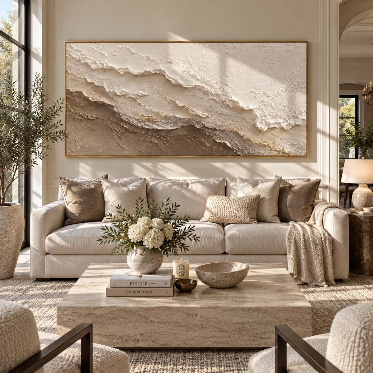 Quiet Earth in Layers ivory taupe layered relief painting displayed in a styled interior