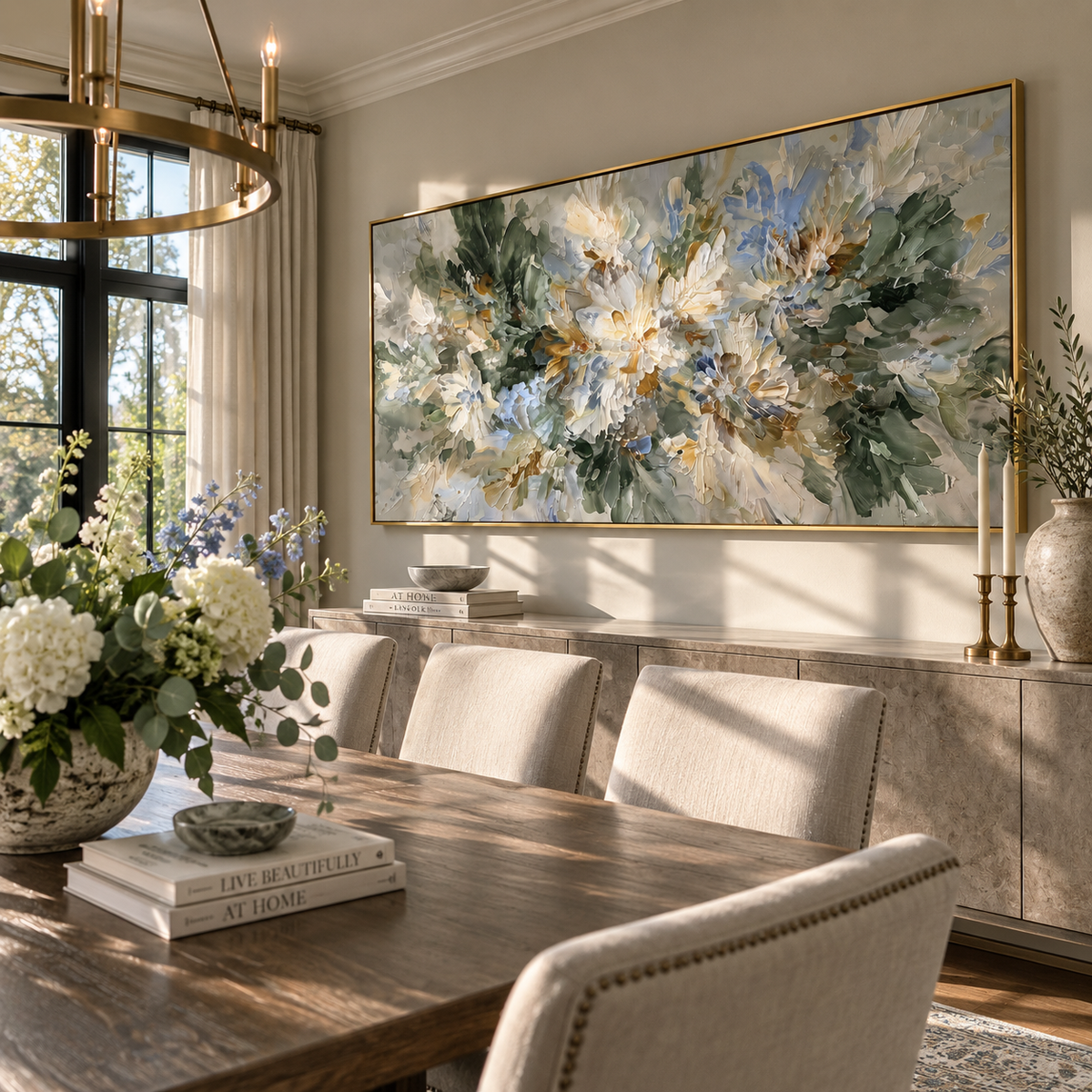 White Bloom Explodes white green floral abstract painting displayed in a styled interior
