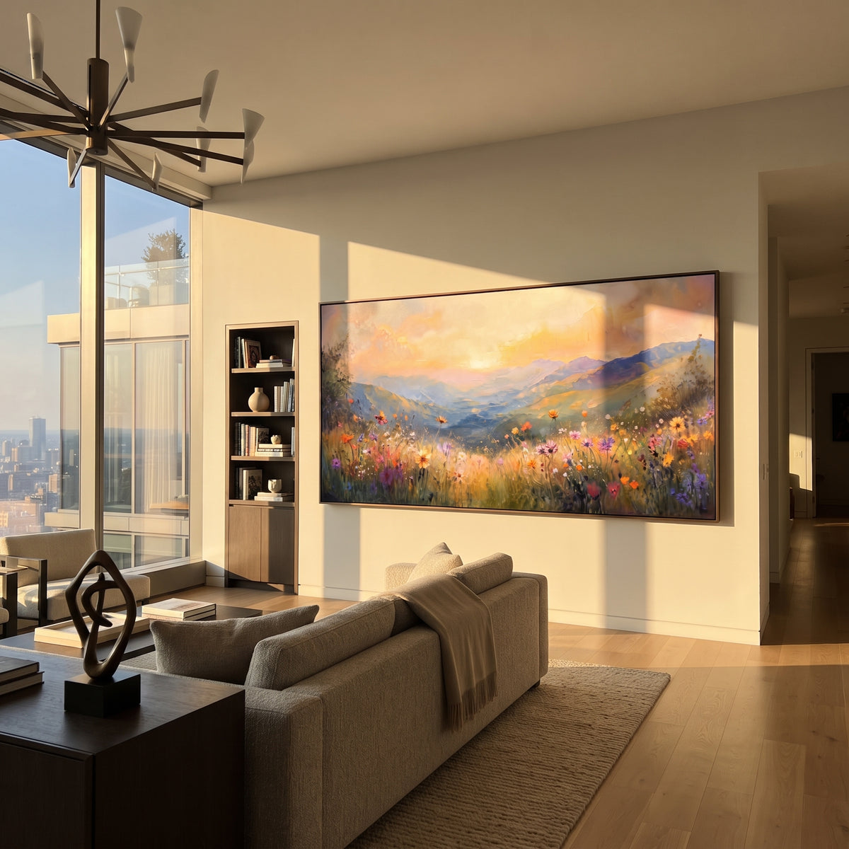 Dawn Over Flowered Valley sunrise wildflower landscape painting displayed in a styled interior
