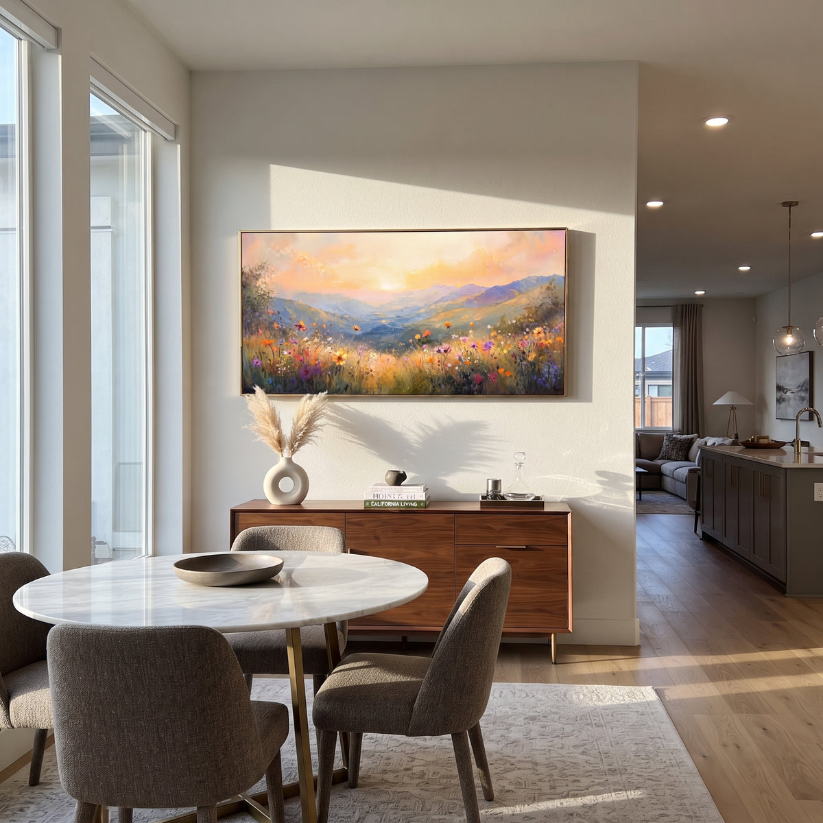 Dawn Over Flowered Valley textured wall art shown in a contemporary room setting
