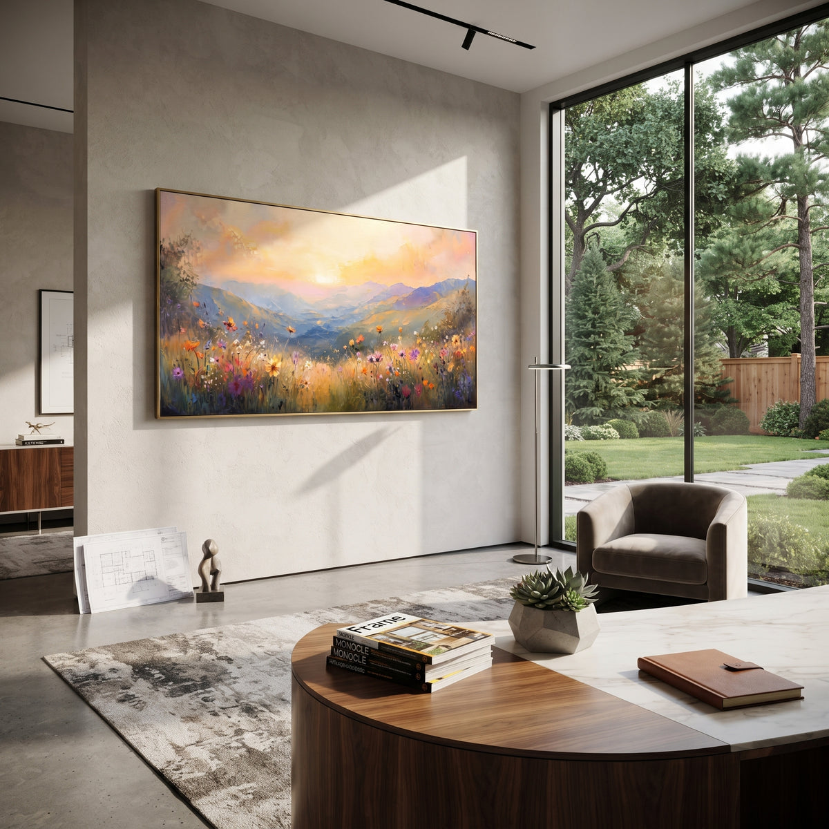 Dawn Over Flowered Valley artwork shown with modern interior materials