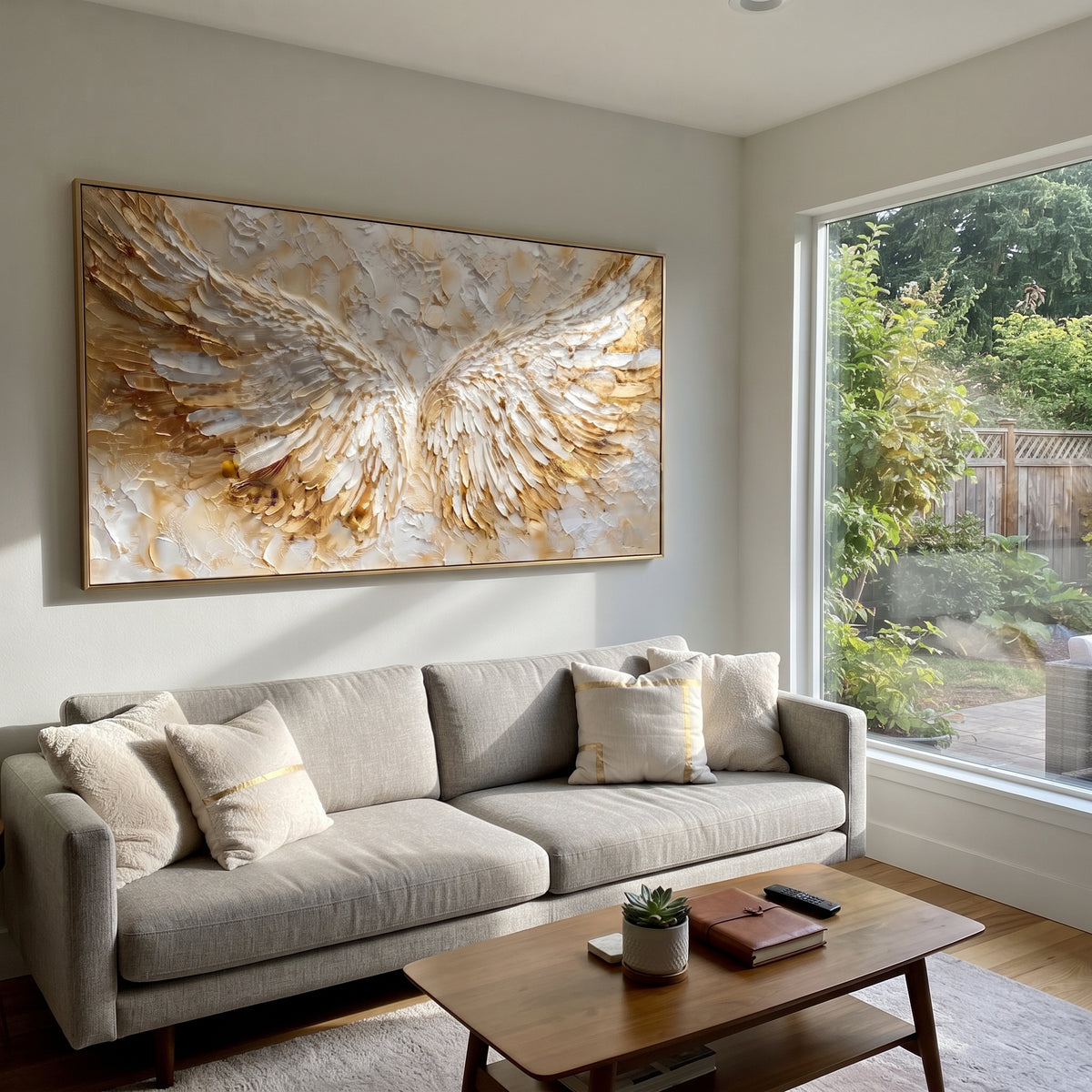 Wings Rise from Gold textured wall art shown in a contemporary room setting