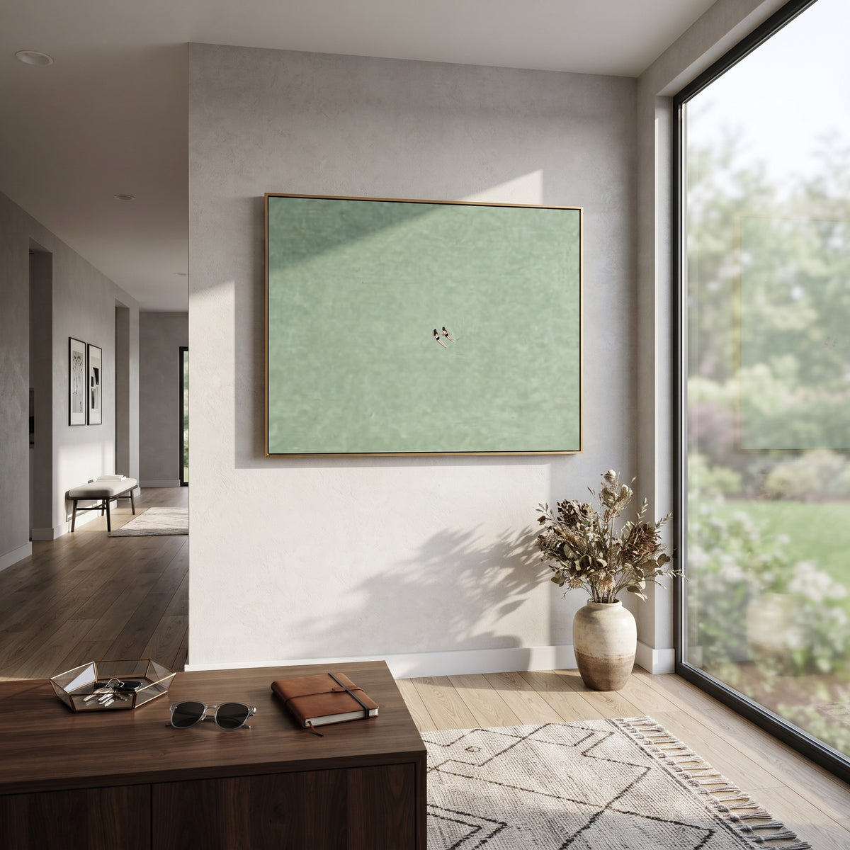 Two Figures Drift Far artwork styled as a refined interior focal point
