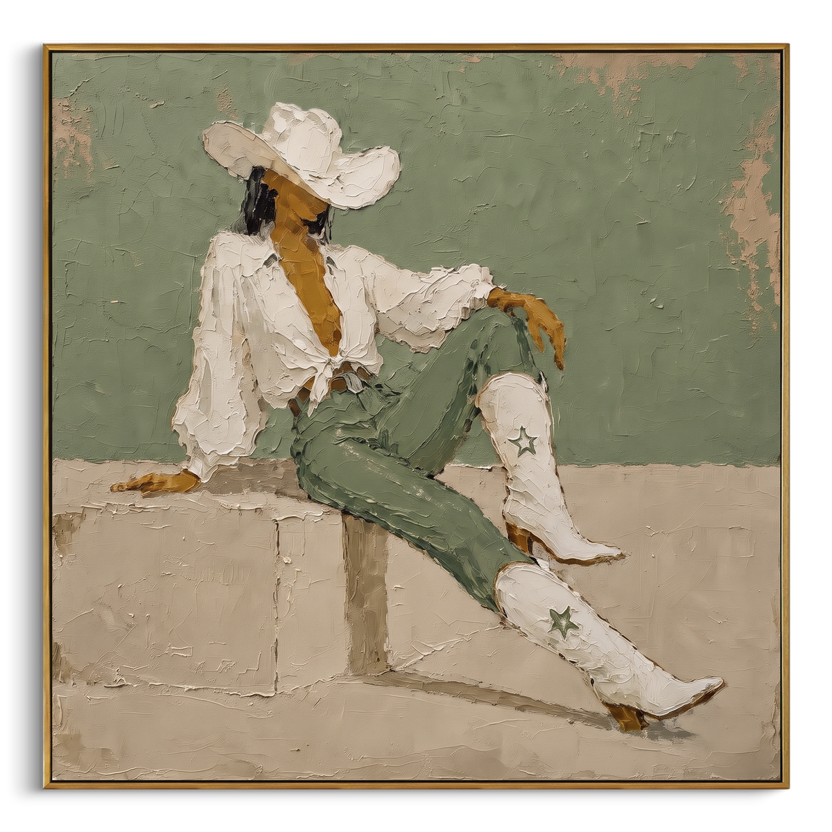 Cowgirl Rests in Sage square painting in a wood frame on a white background