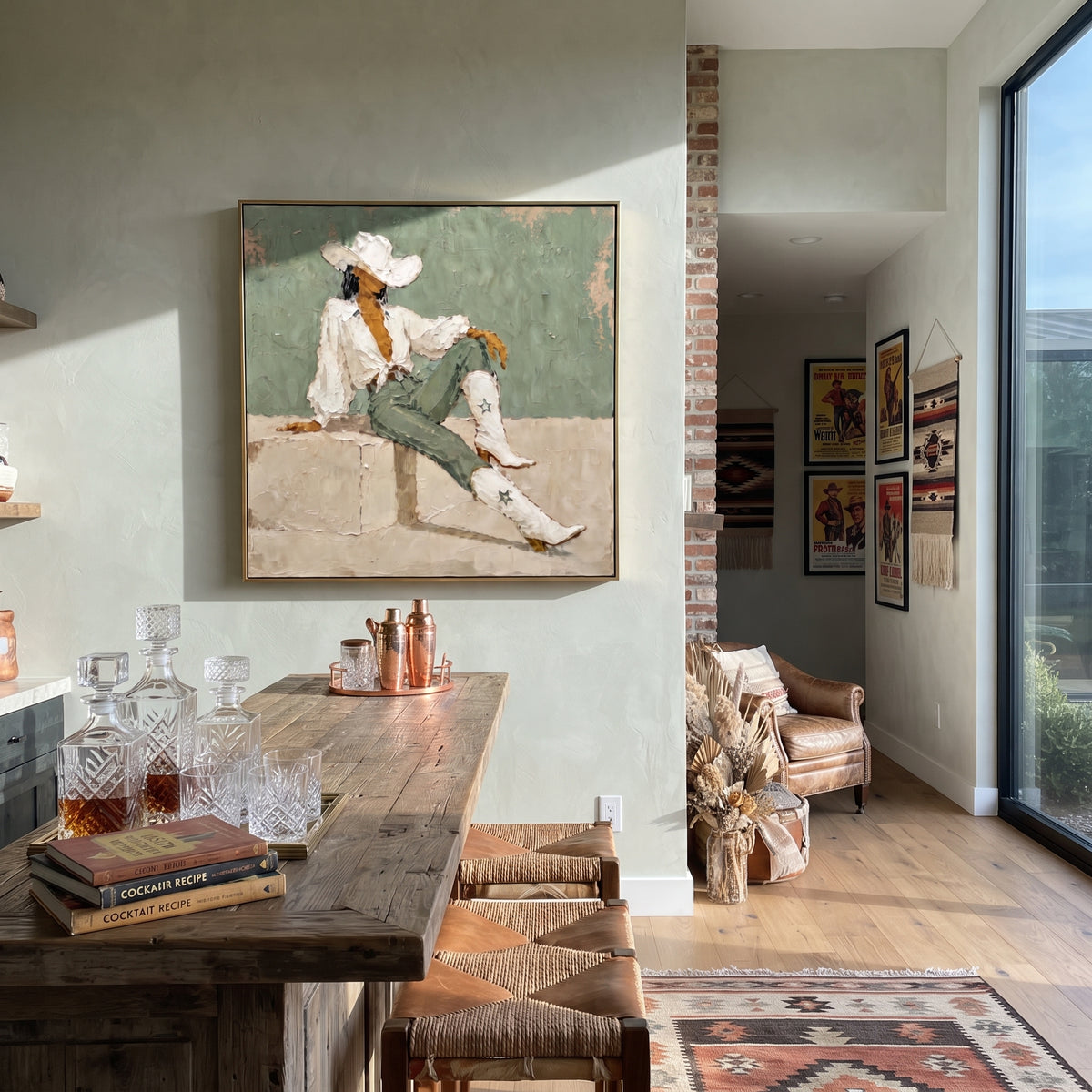 Cowgirl Rests in Sage wall art shown above contemporary furnishings