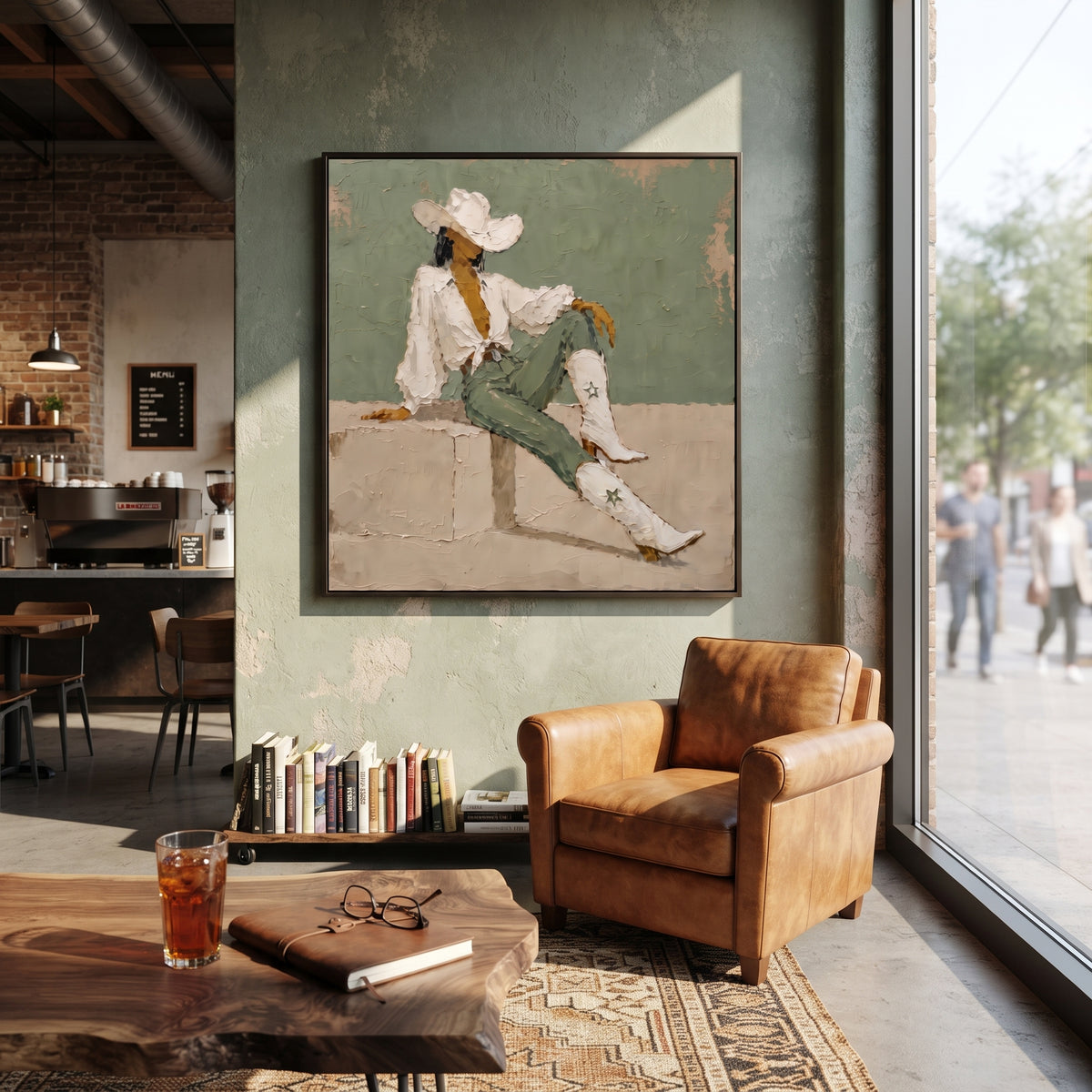 Cowgirl Rests in Sage painting presented in an alternate room setting