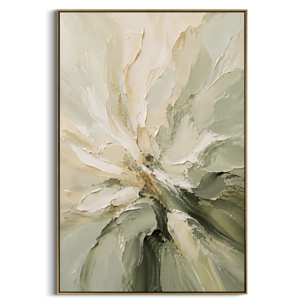 Ivory Flower Turns vertical painting in a wood frame on a white background