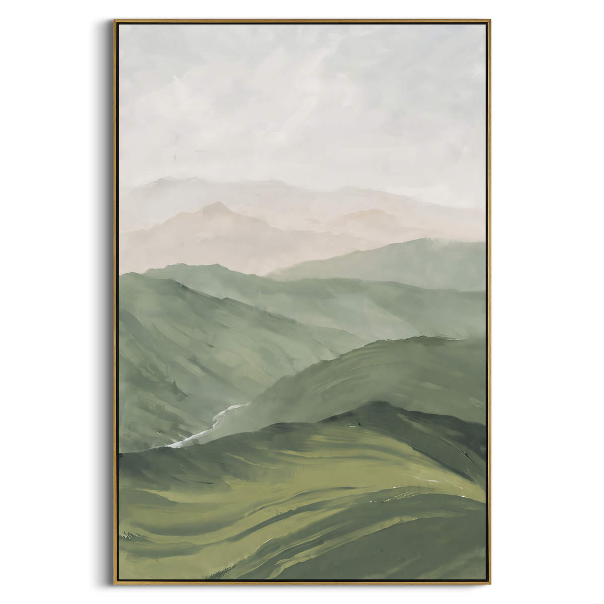 Mountains Fade Into Sage vertical painting in a wood frame on a white background