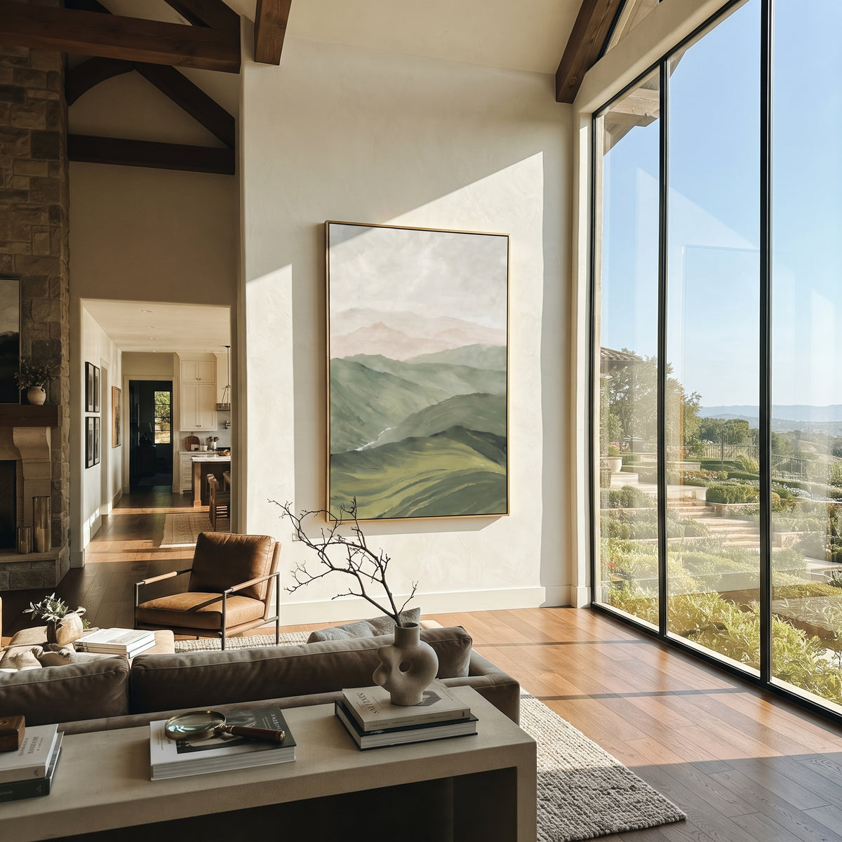 Mountains Fade Into Sage wall art shown above contemporary furnishings