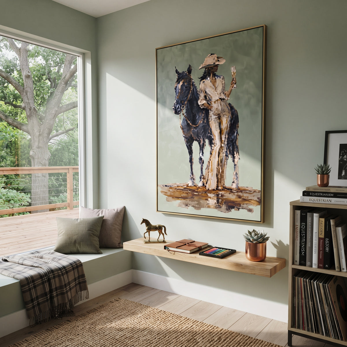 Sage Rider Stands Tall cowboy and black horse painting displayed in a styled interior