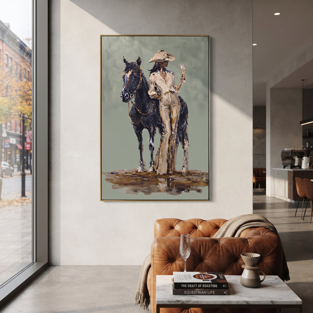Sage Rider Stands Tall wall art shown above contemporary furnishings