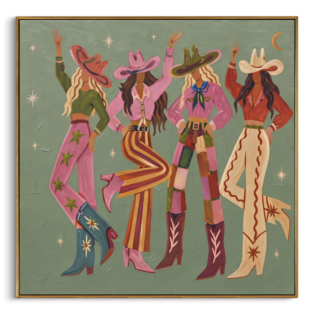 Cowgirls Gather Under Stars square painting in a wood frame on a white background