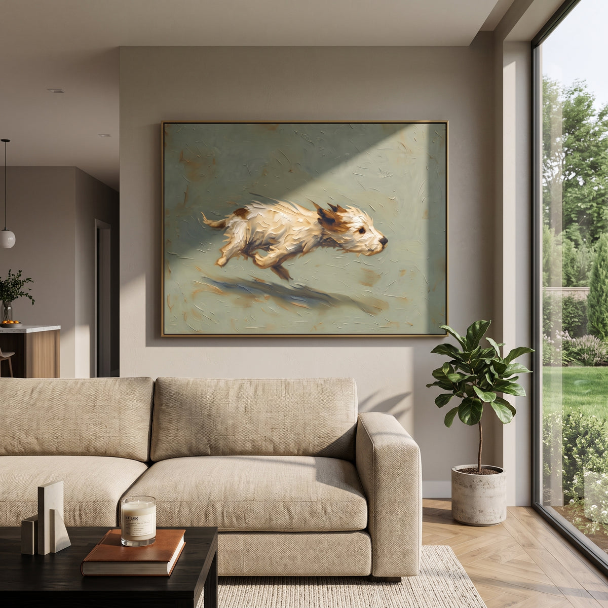 White Bison Breaks Away running white bison wall art displayed in a styled interior