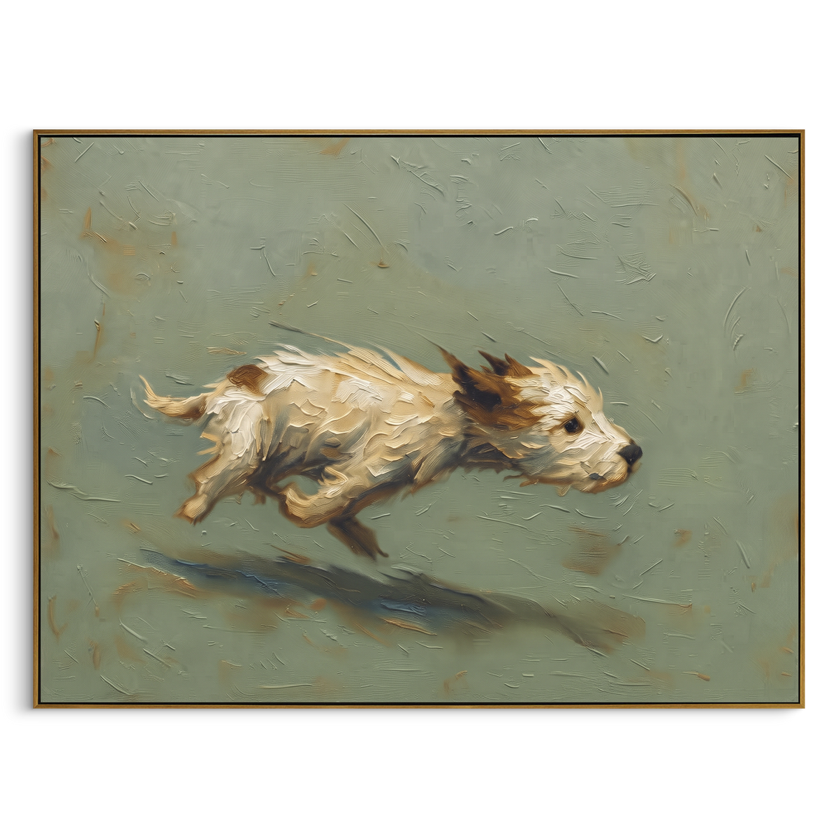 White Bison Breaks Away horizontal painting in a wood frame on a white background