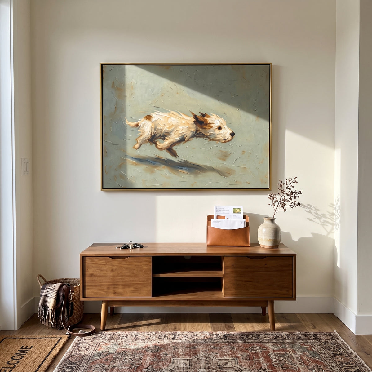 White Bison Breaks Away wall art shown above contemporary furnishings