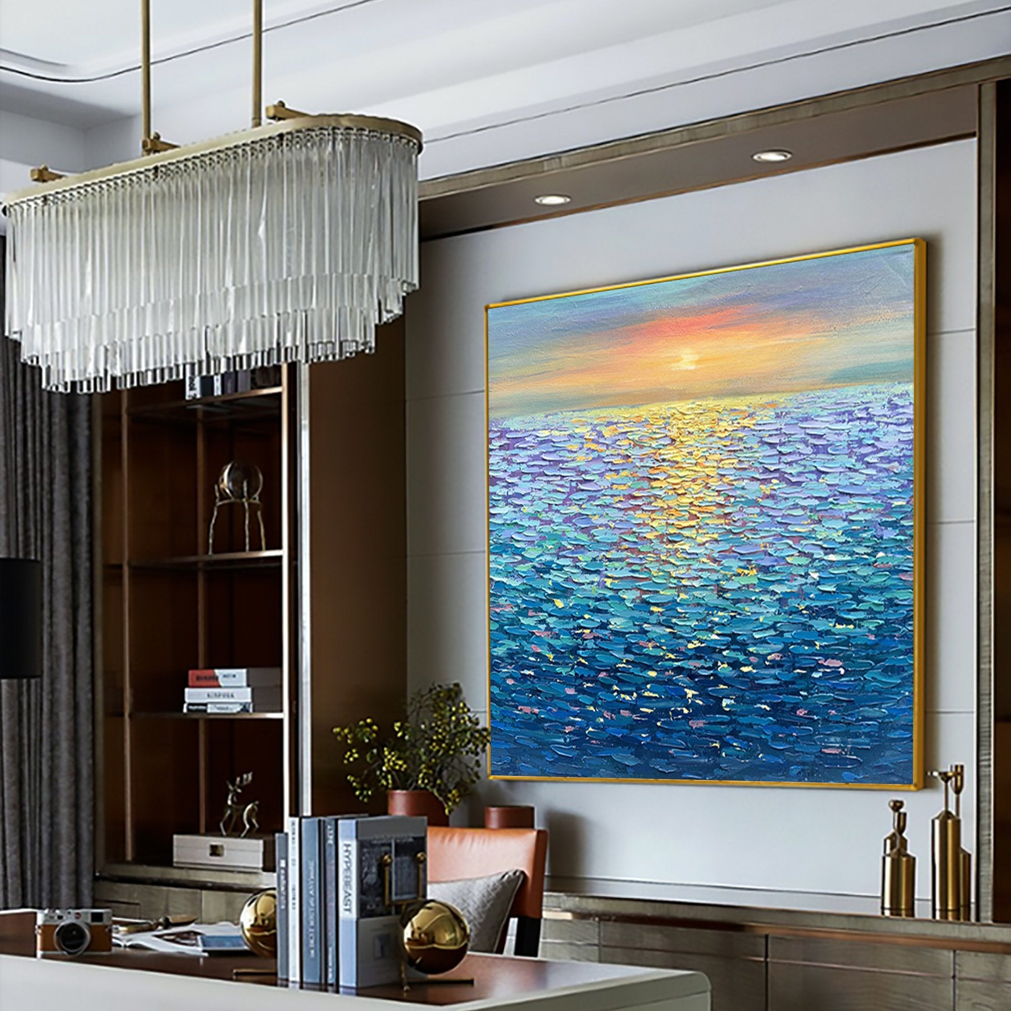 Ocean Glow – Modern Sunset Reflection Impasto Texture Painting | Coastal Modern Living Room & Bedroom Art