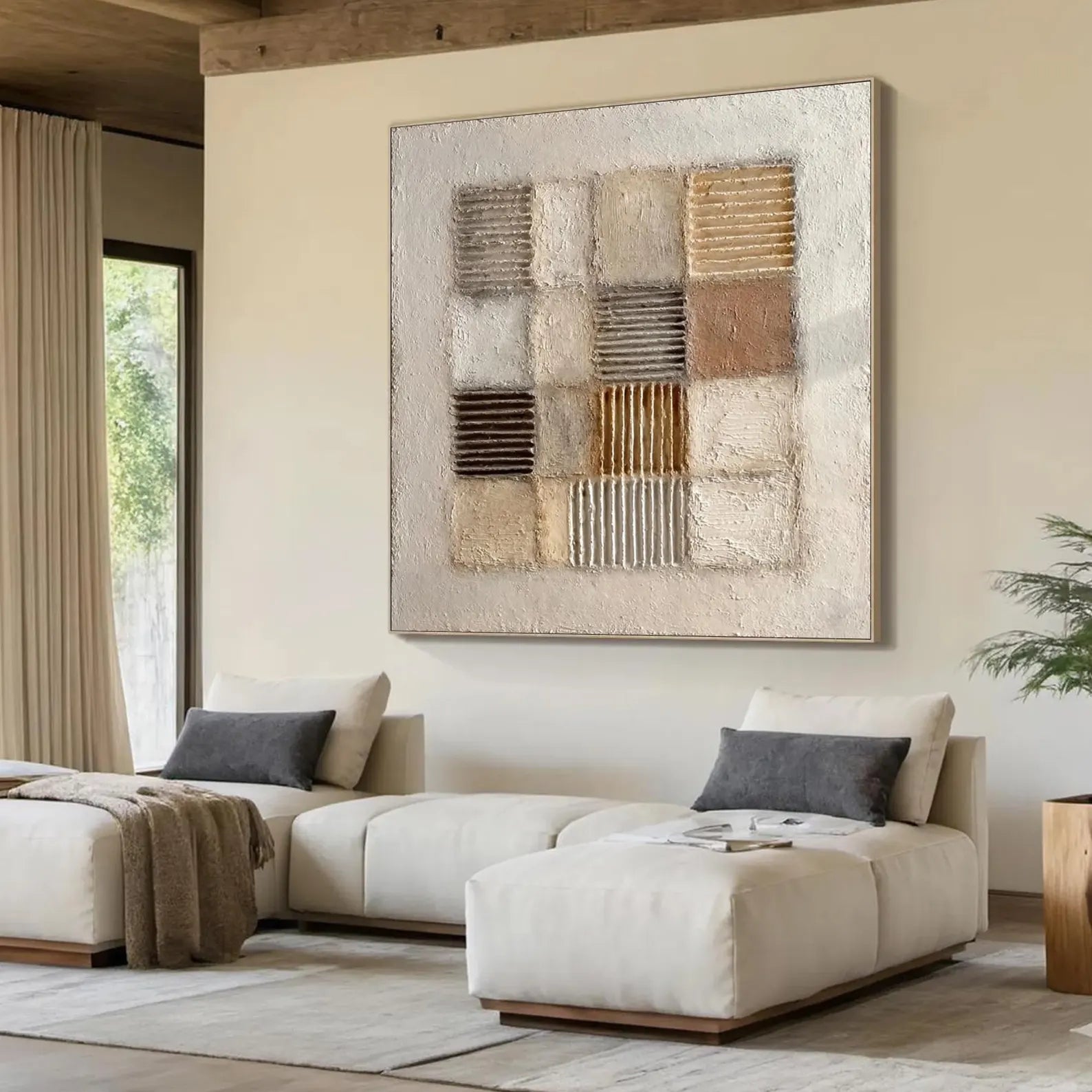 Sand Grid – Neutral Plaster Relief Mosaic Wabi-Sabi Painting | Japandi Organic Wabi-Sabi Living Room & Hallway Art