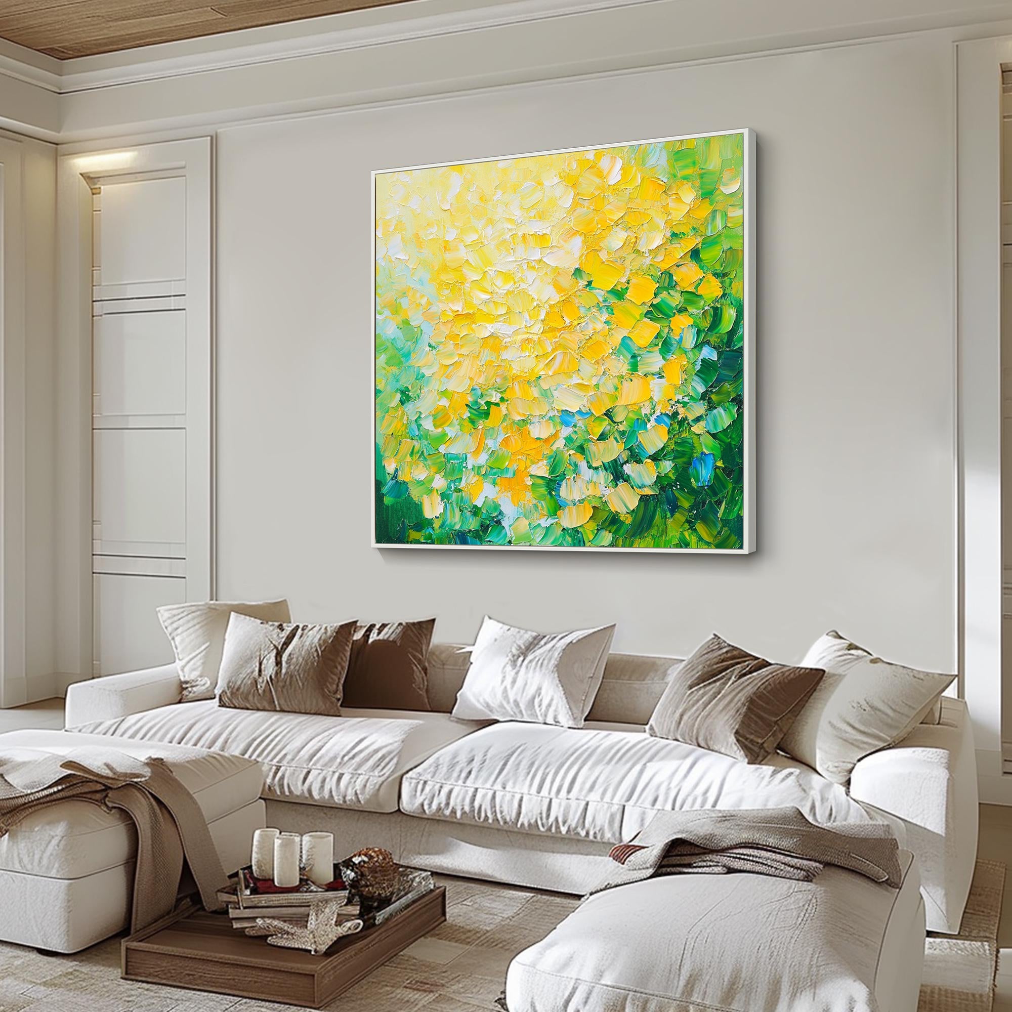 Mint Sunlight – Green & Yellow Palette Knife Relief Abstract Painting | Modern Abstract Living Room & Office Art
