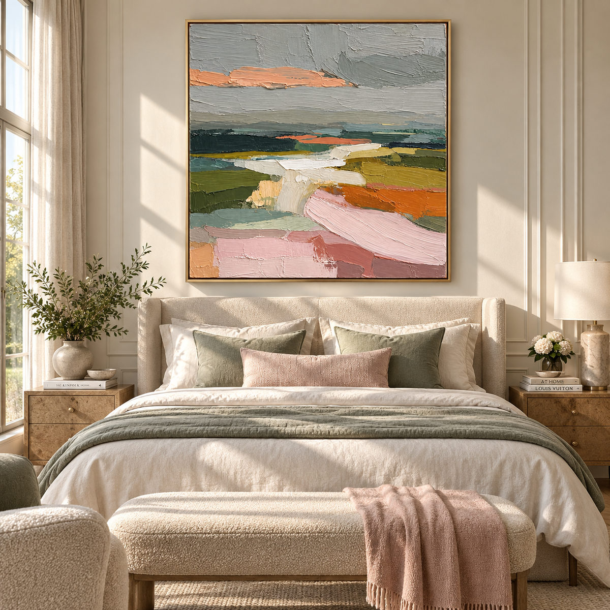 Pastel Fields Beyond Water styled as a square focal point in a refined interior