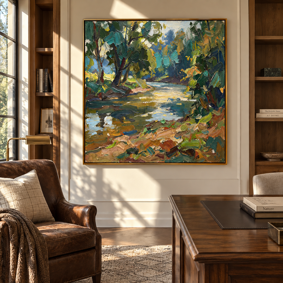 Forest Light Along Water displayed in a styled contemporary interior