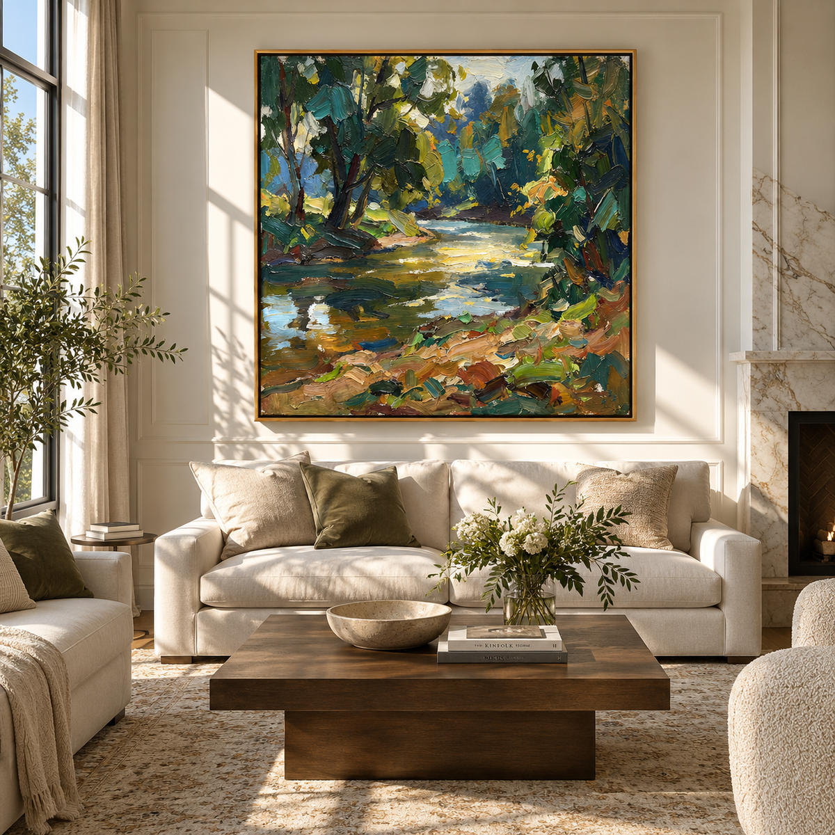 Forest Light Along Water displayed with natural materials and modern decor