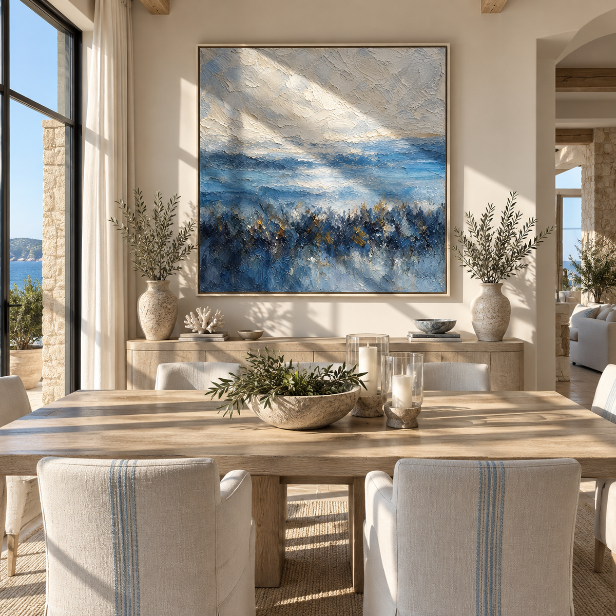 Blue Mist Beyond Pines styled as a square focal point in a refined interior