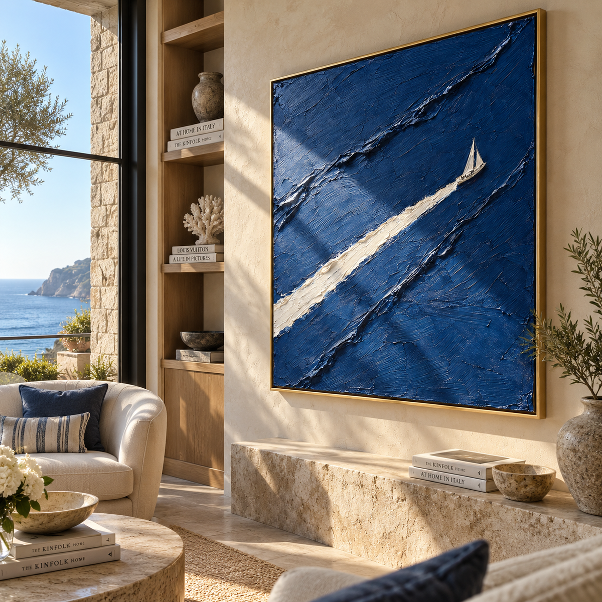 White Wake Through Blue displayed in a styled contemporary interior