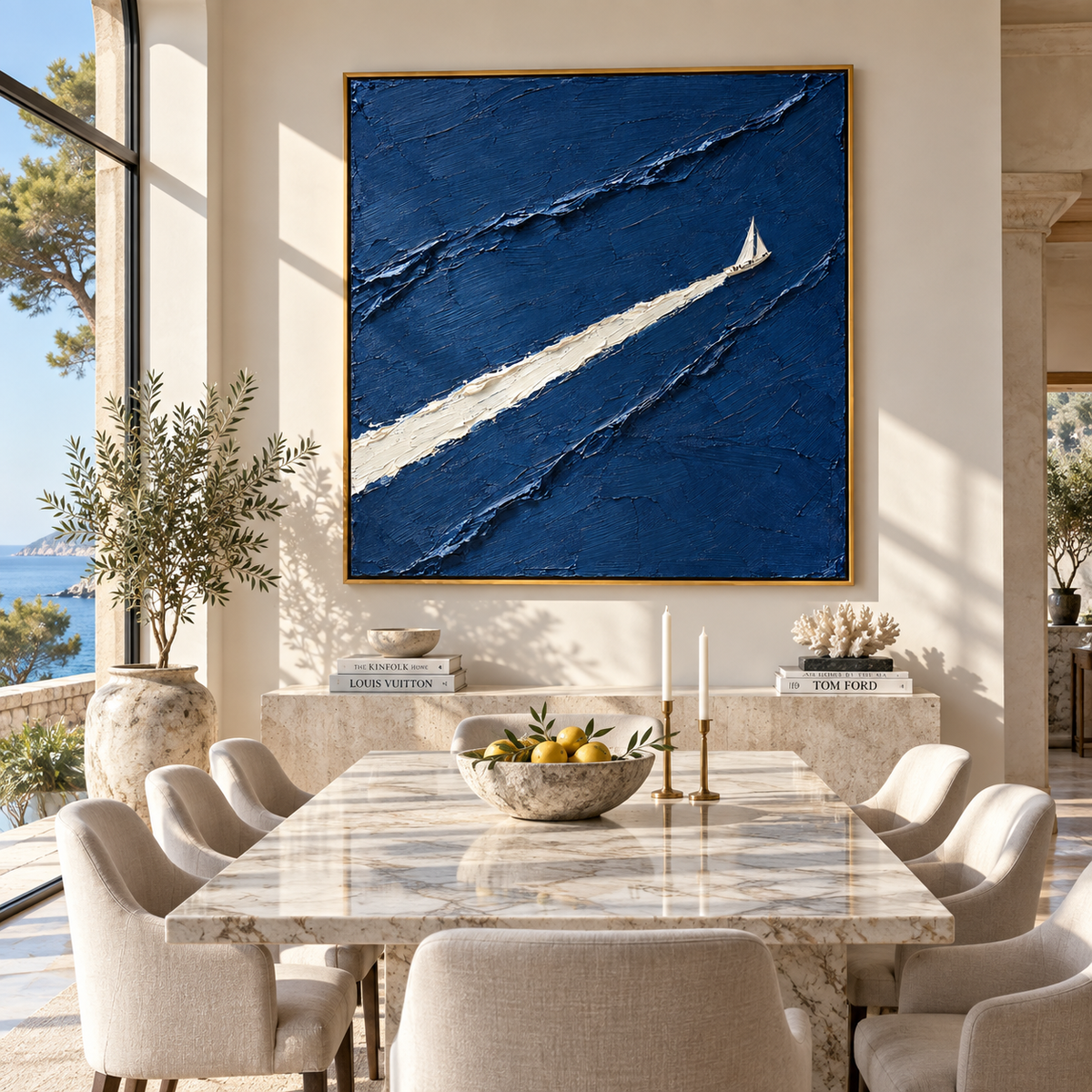 White Wake Through Blue displayed with natural materials and modern decor