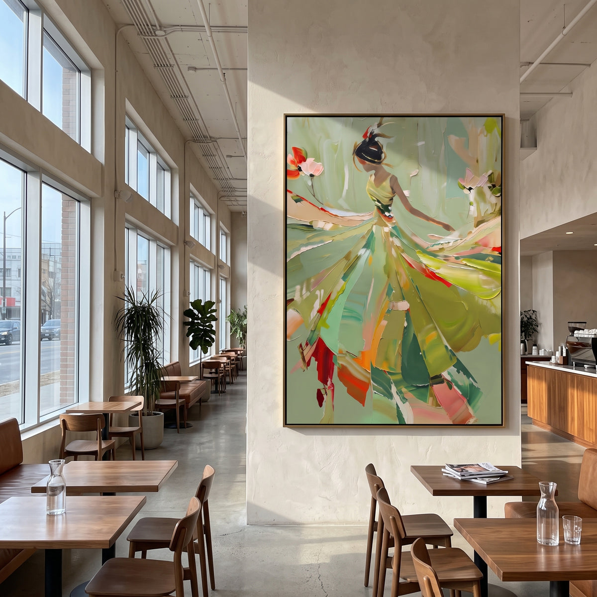 Sage Dress Finds Rhythm wall art shown above contemporary furnishings