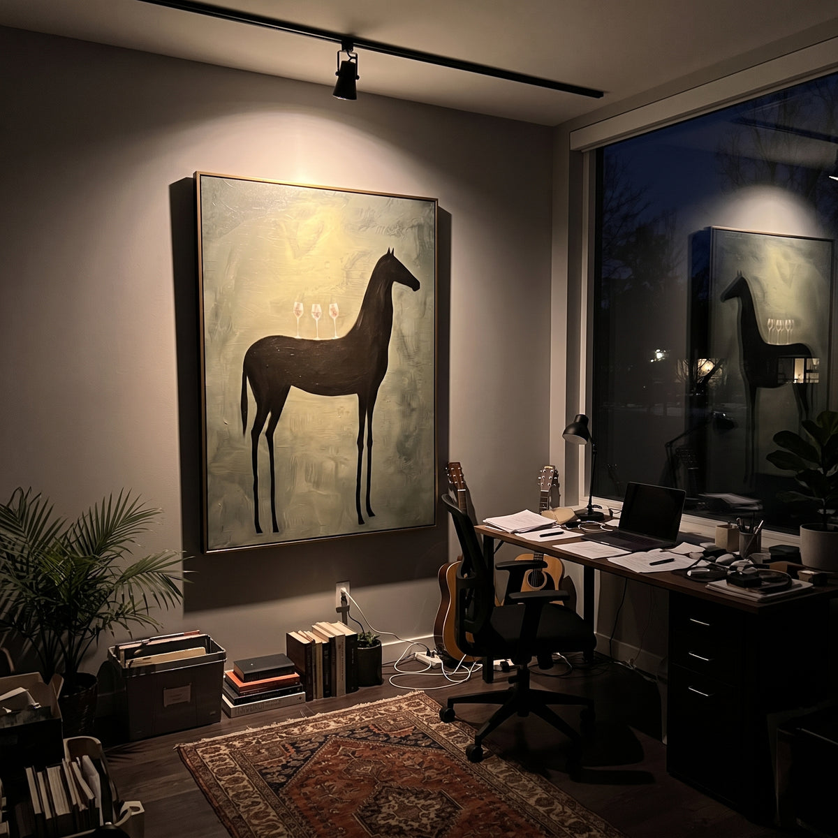 Black Horse Carries Toast displayed with natural materials and quiet decor