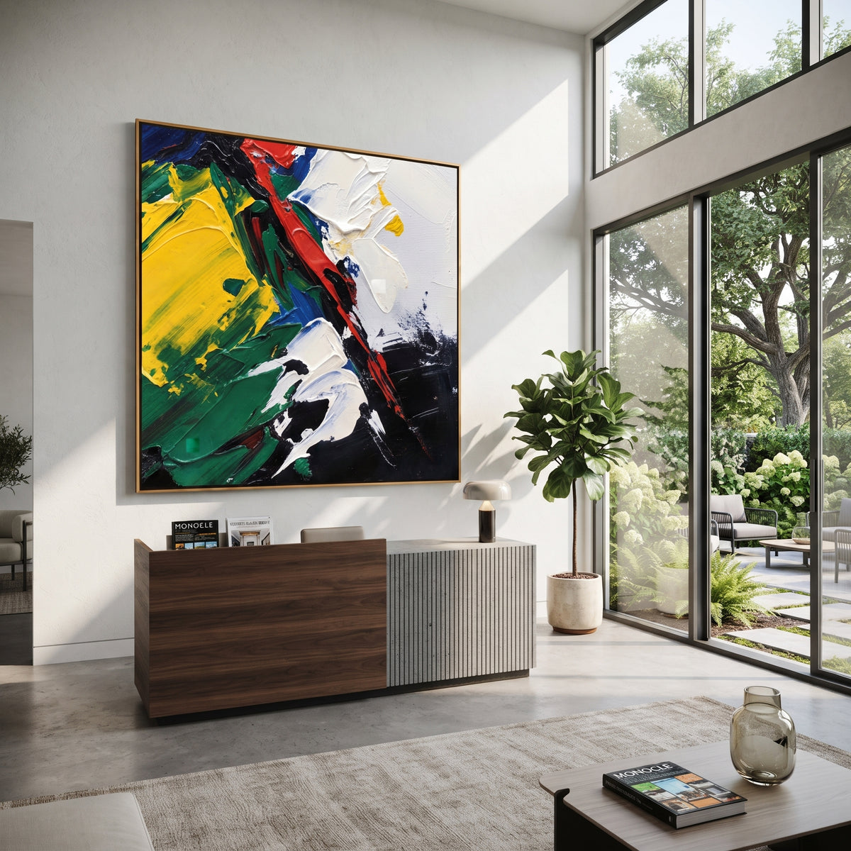 Color Cuts Through Silence square painting displayed as a room focal point