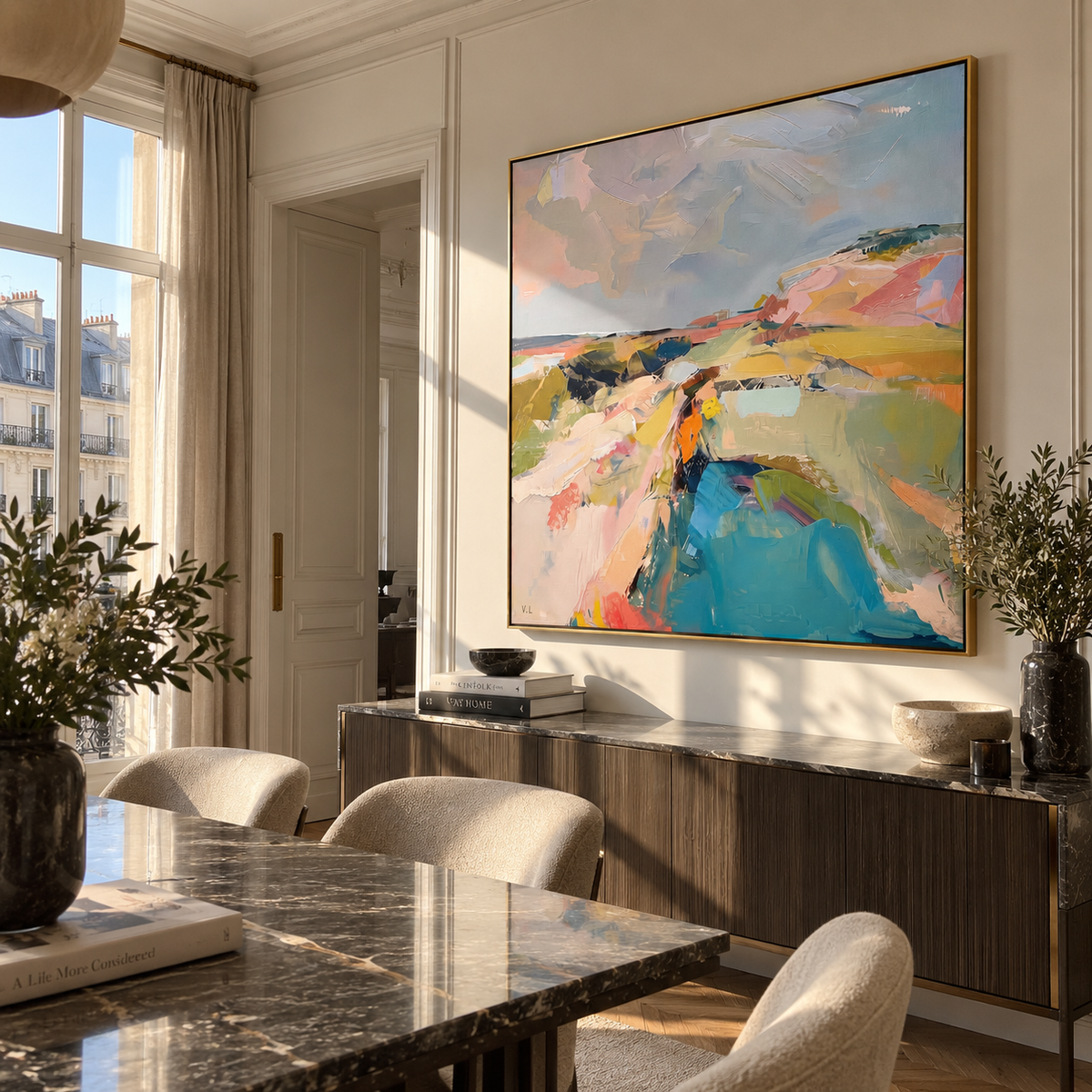 Pastel Valley in Motion pastel abstract square landscape displayed in a styled interior