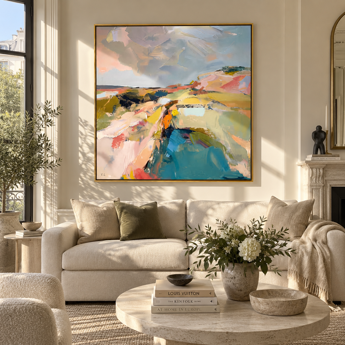 Pastel Valley in Motion textured wall art shown in a contemporary room setting