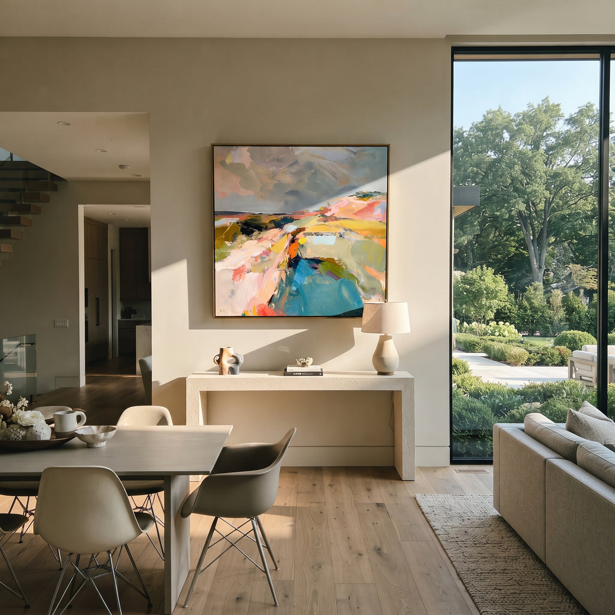Pastel Valley in Motion artwork shown with modern interior materials