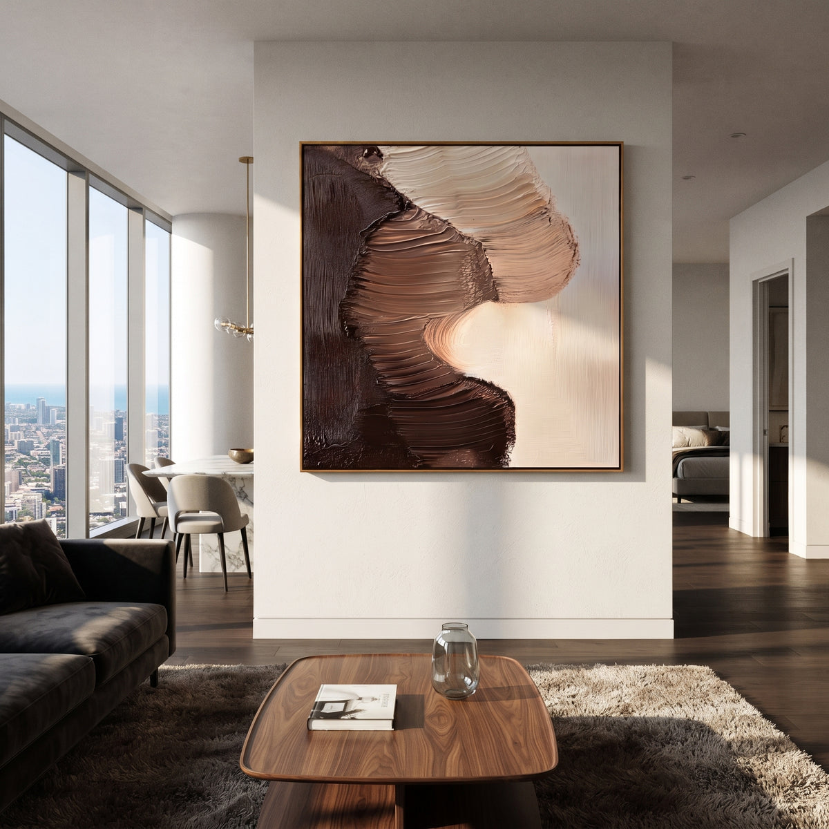 Cocoa Forms Embrace brown ivory gestural square painting displayed in a styled interior