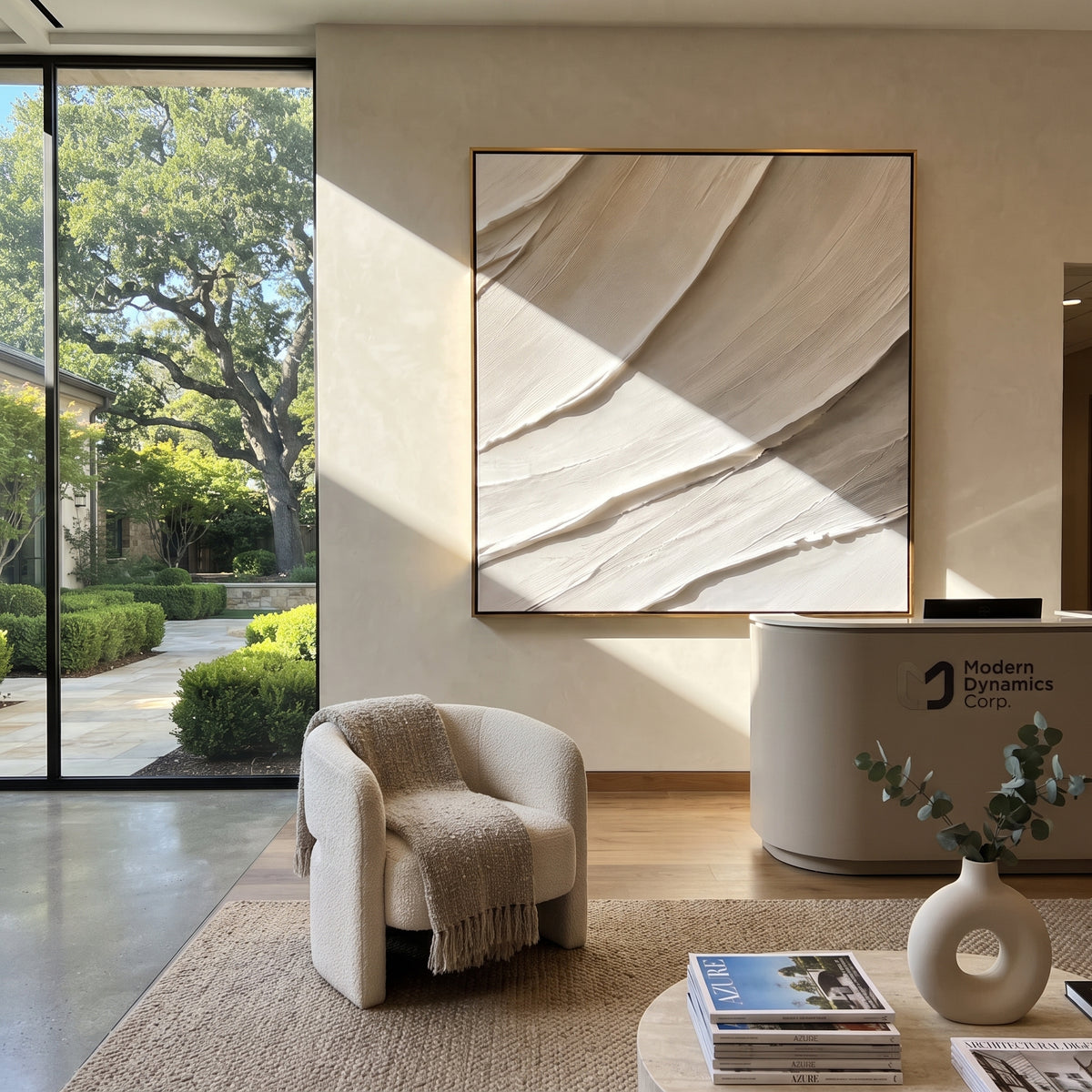 Ivory Folds Ascending textured wall art shown in a contemporary room setting