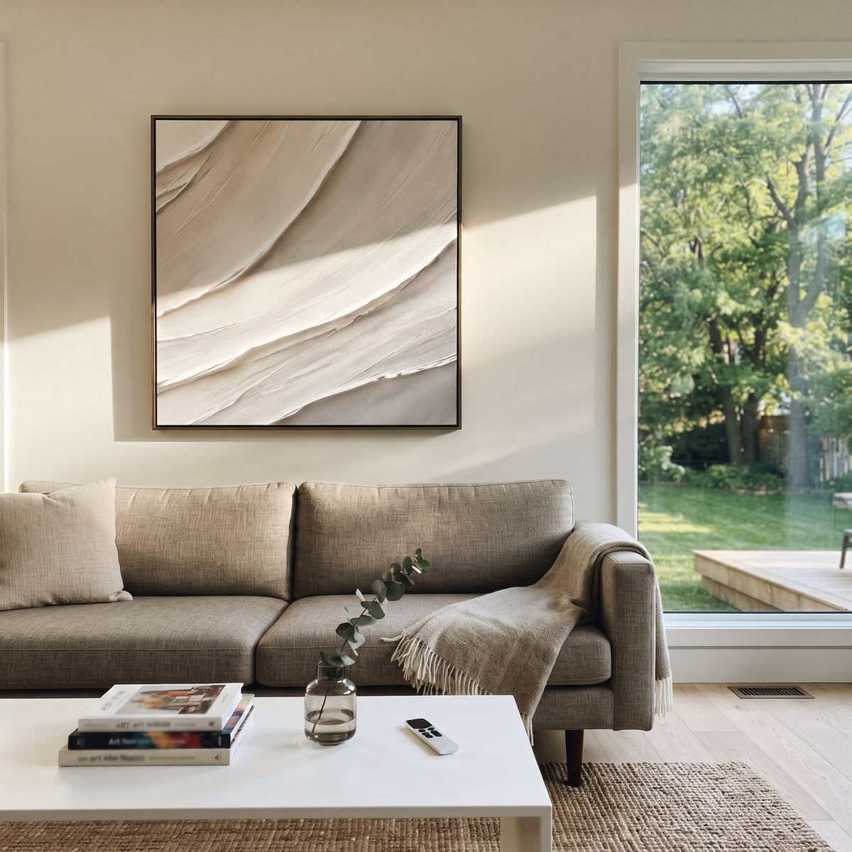 Ivory Folds Ascending artwork shown with modern interior materials