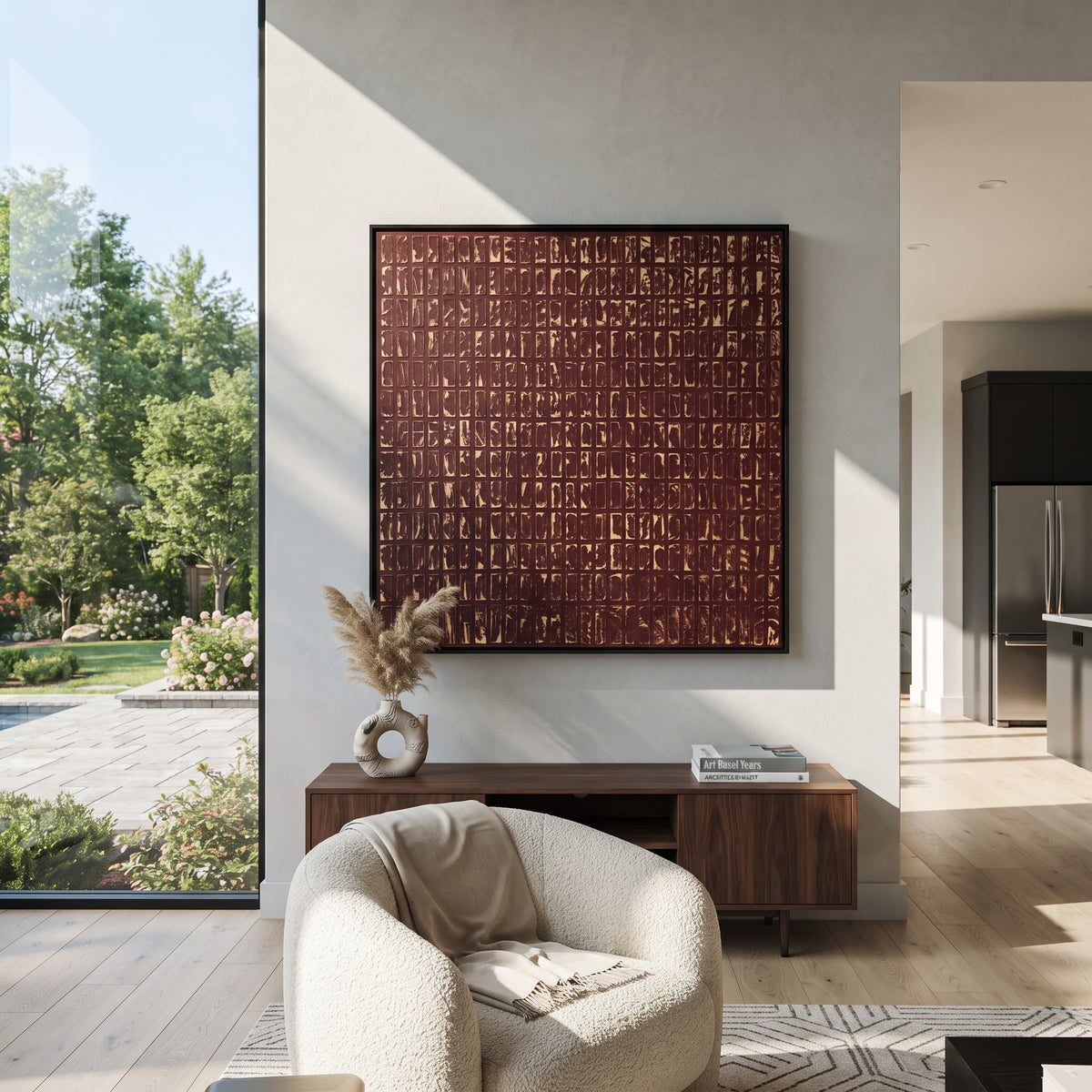 Merlot Grid at Dusk textured wall art shown in a contemporary room setting