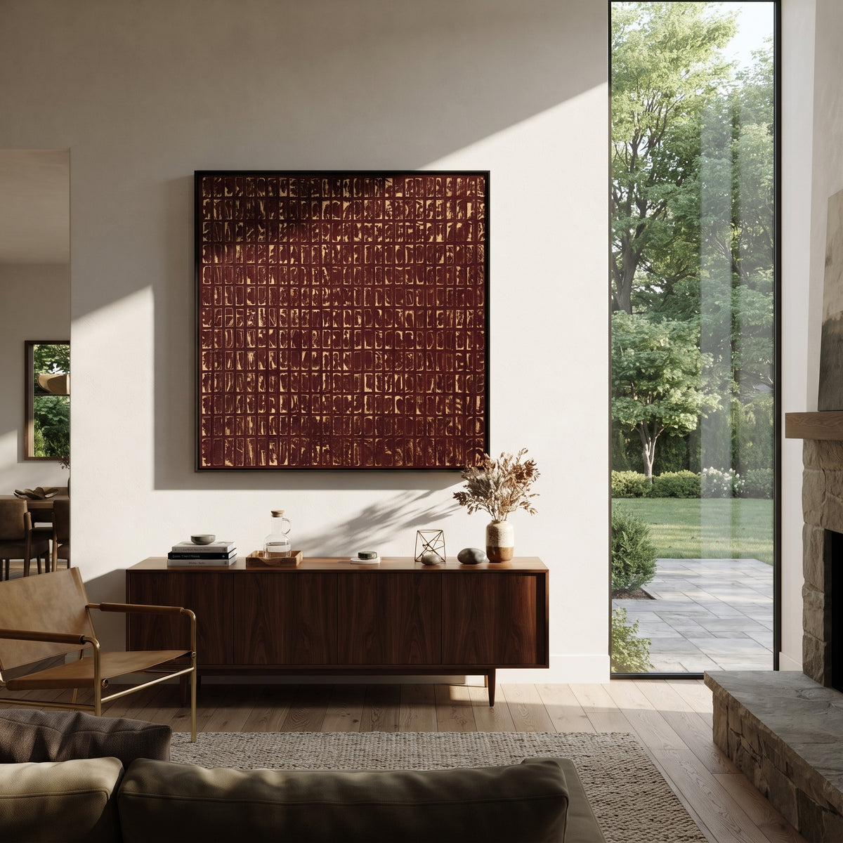 Merlot Grid at Dusk square painting displayed as a room focal point