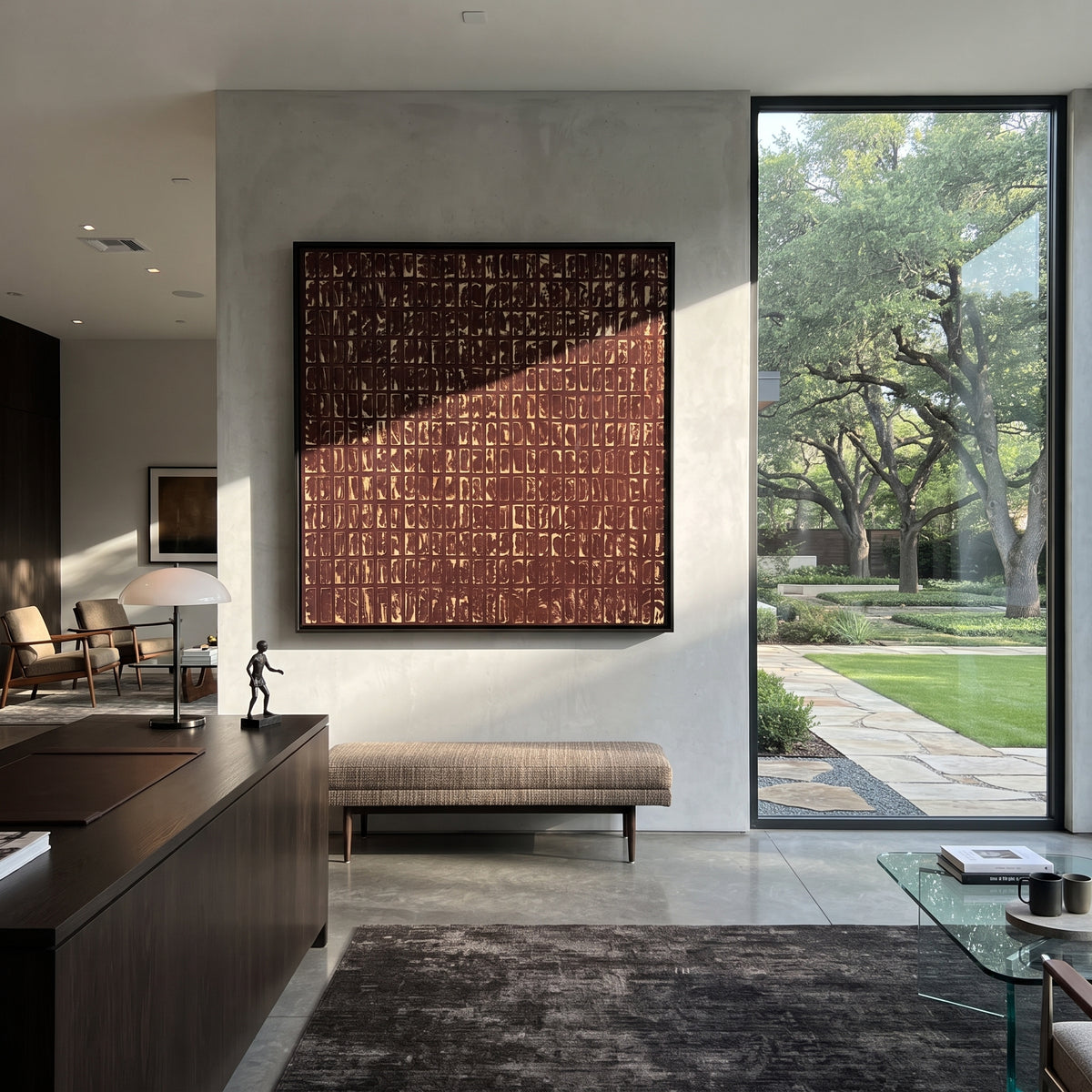 Merlot Grid at Dusk artwork shown with modern interior materials
