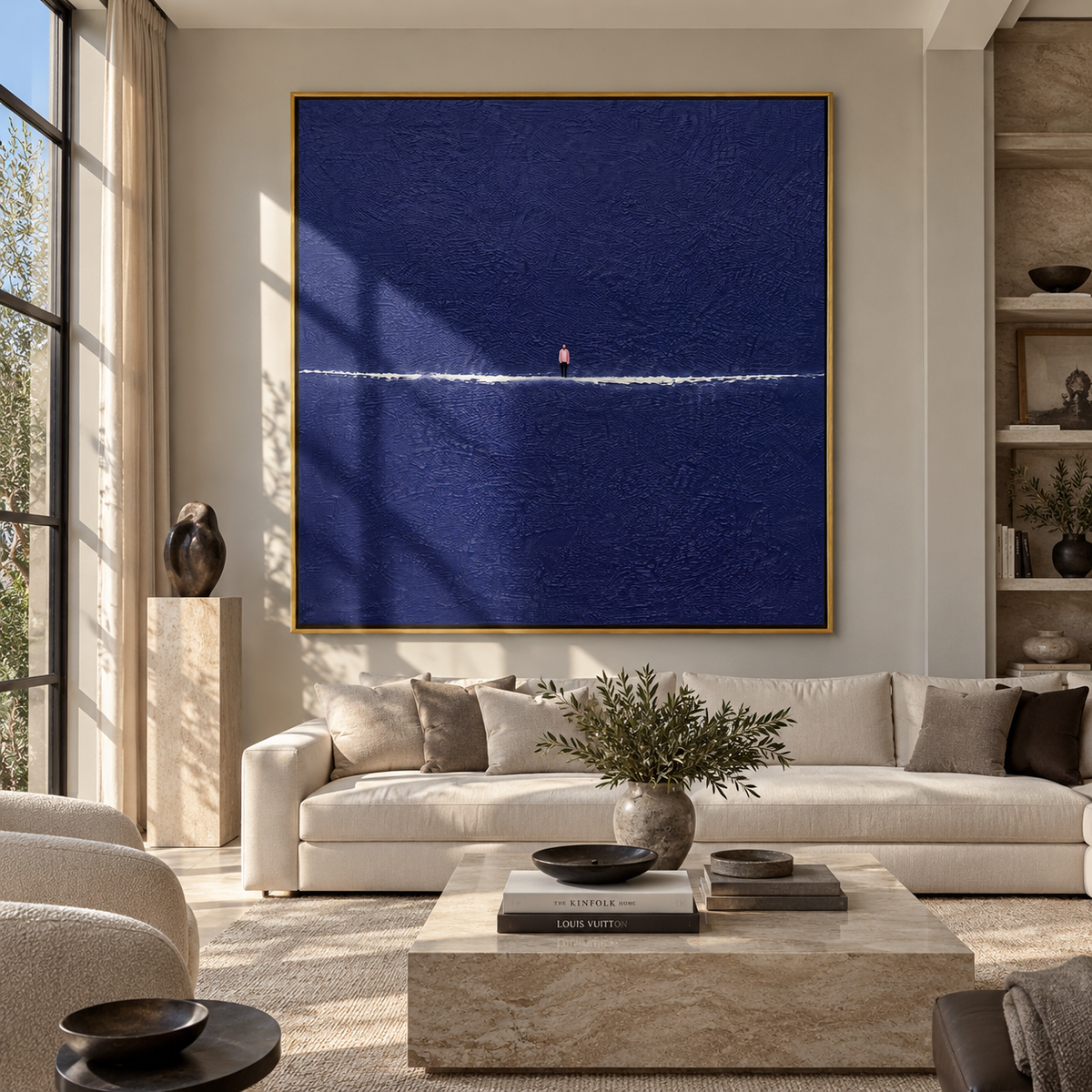 One Light at Midnight navy minimalist horizon painting displayed in a styled interior