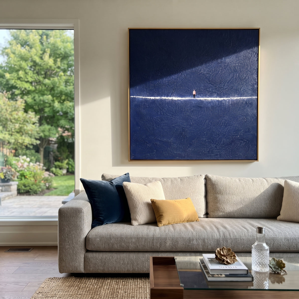 One Light at Midnight textured wall art shown in a contemporary room setting